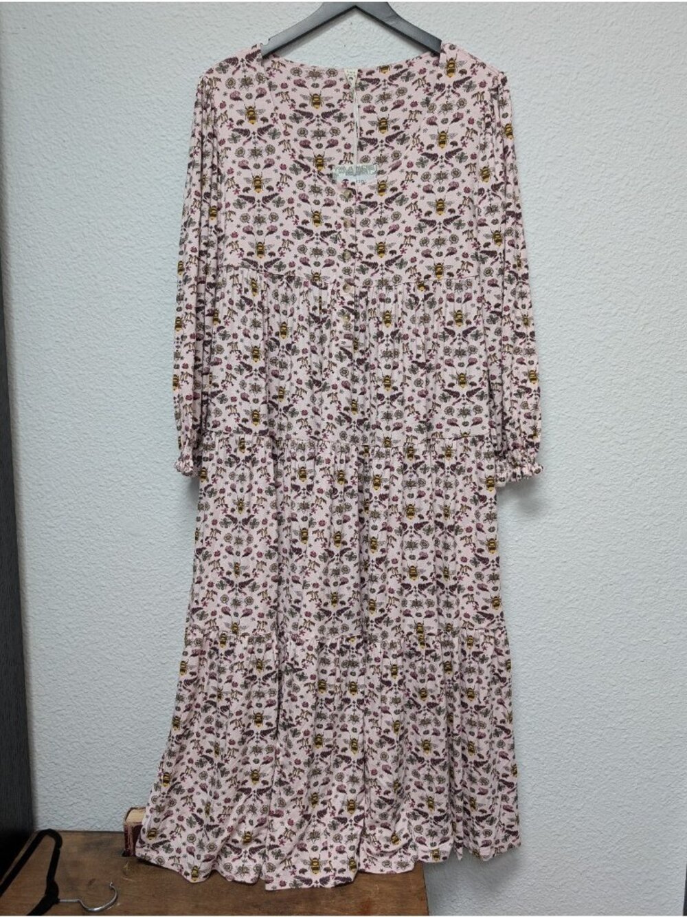 Kate Quinn Rose Litho Bee Floral Long Sleeve Prairie Dress Women's Medium